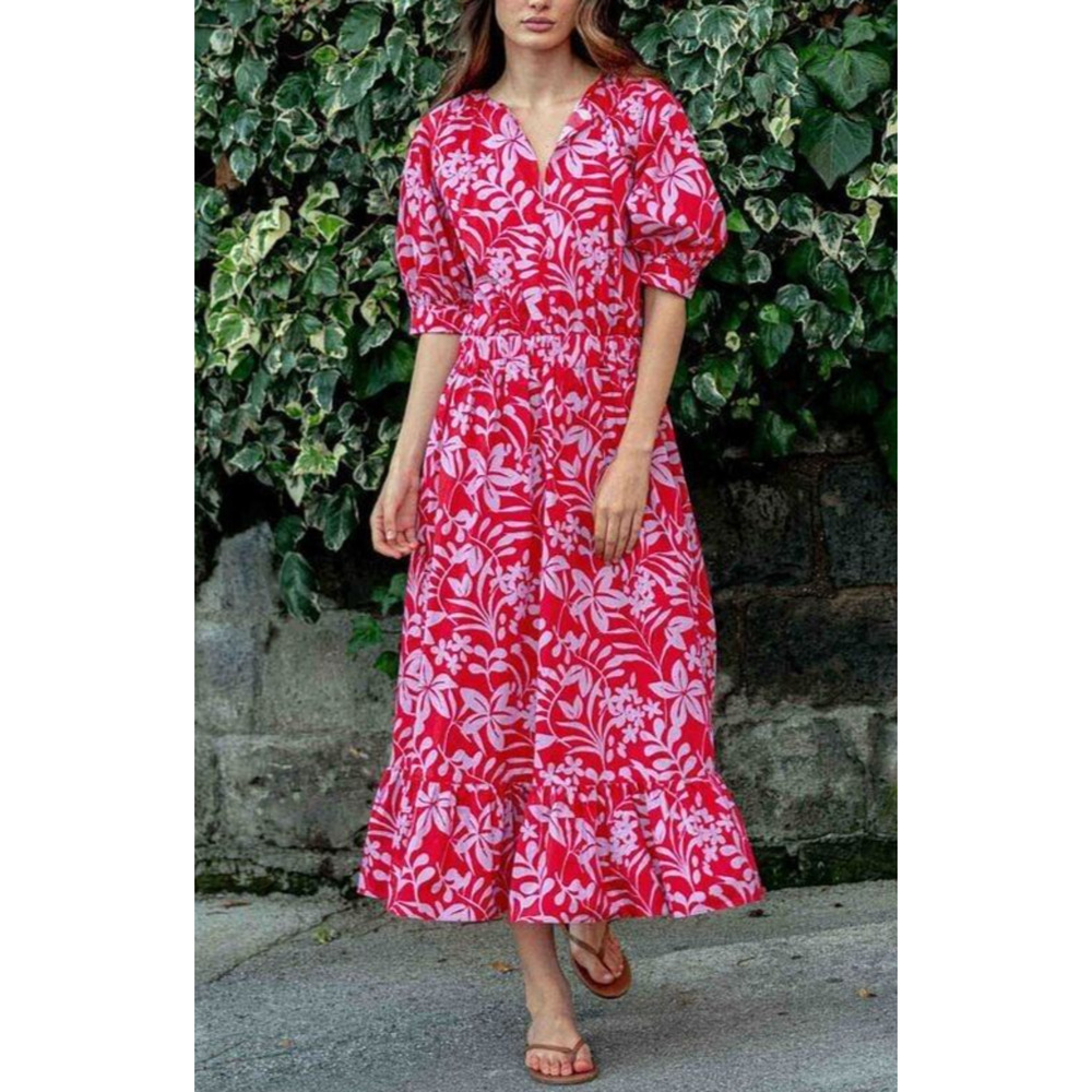 Voyageur by Mersea Hedy Tropical Floral Vine Tiered Midi Maxi Dress Mer Sea XL